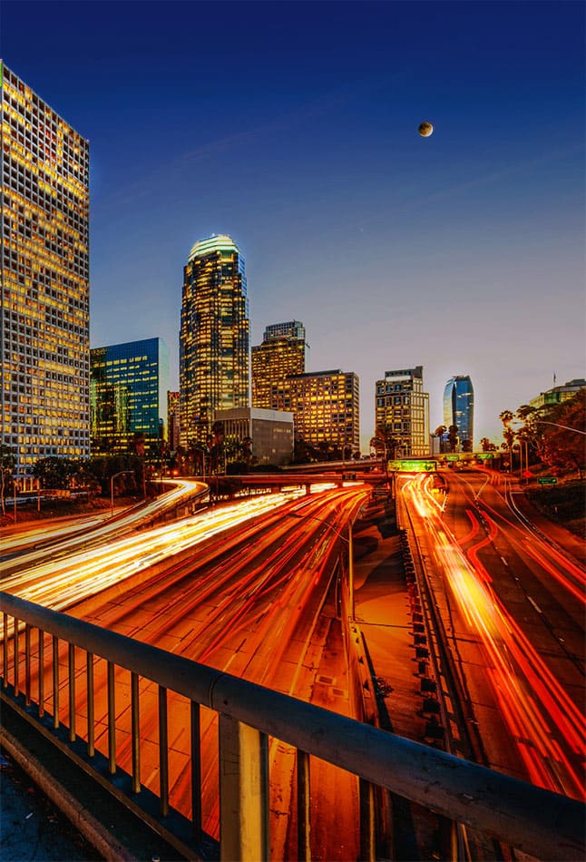 Down Town Los Angeles, dusk, Moon, traffic light streams.